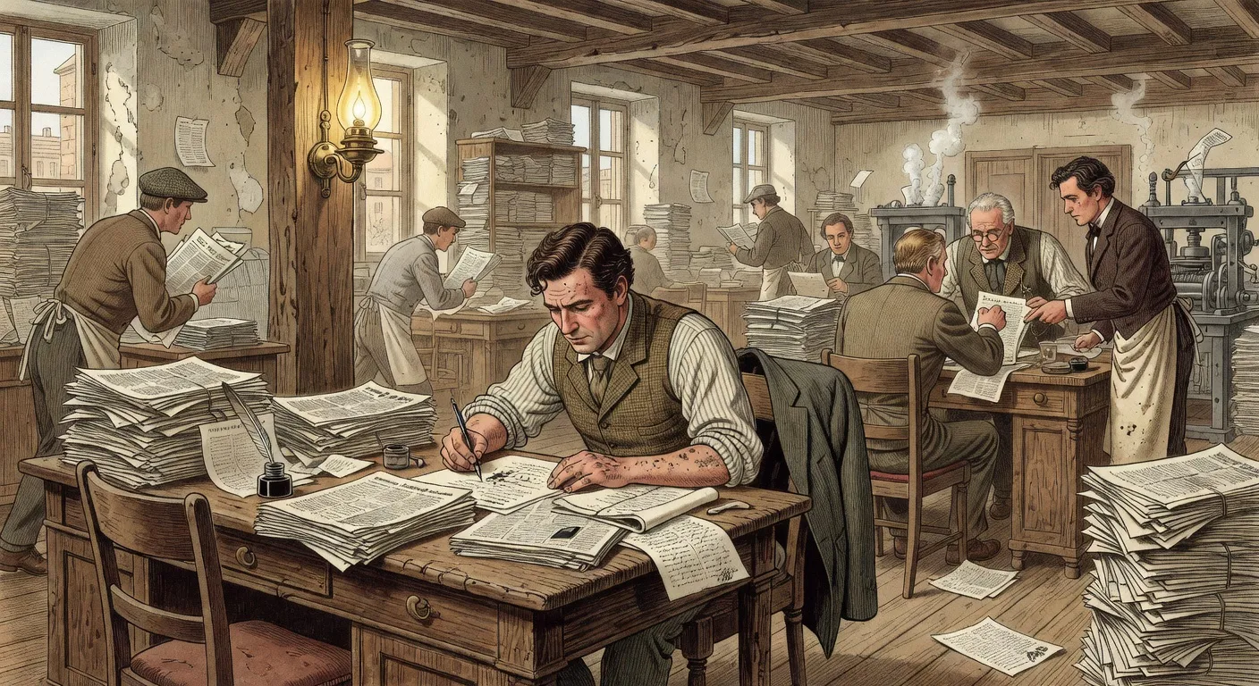 La rédaction d'un journal parisien à la Belle Époque, inspirée de La Vie Française dans Bel-Ami de Maupassant