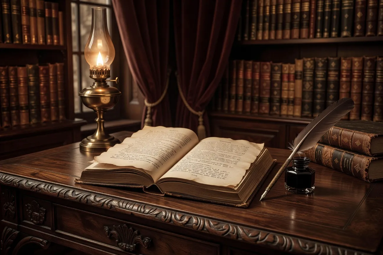 Exemplaire du roman Bel Ami de Maupassant ouvert sur un bureau d'époque avec une plume et un encrier