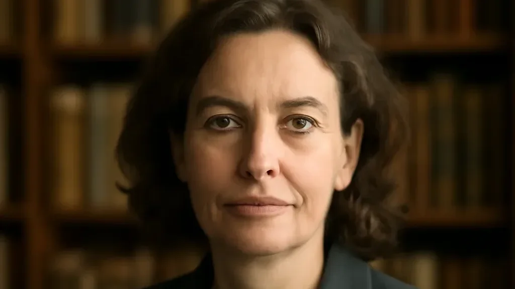 Portrait éditorial de l’historienne Claire Aubertin dans un bureau universitaire avec livres d’histoire du XIXe siècle