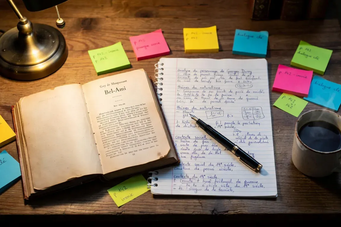 Bureau d'élève préparant la dissertation sur Bel-Ami