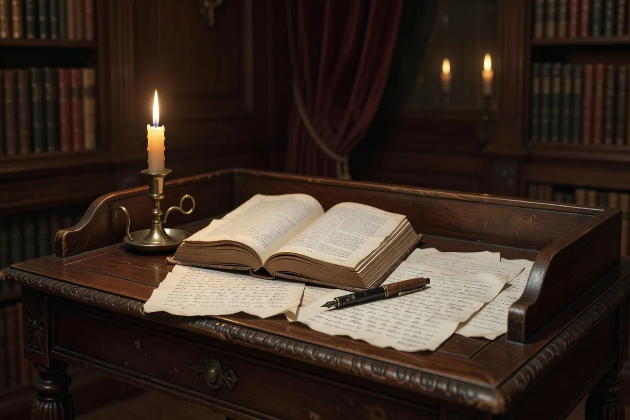 Bureau d’étudiant du XIXe siècle avec un roman ouvert et des pages de dissertation manuscrites, atmosphère de travail littéraire