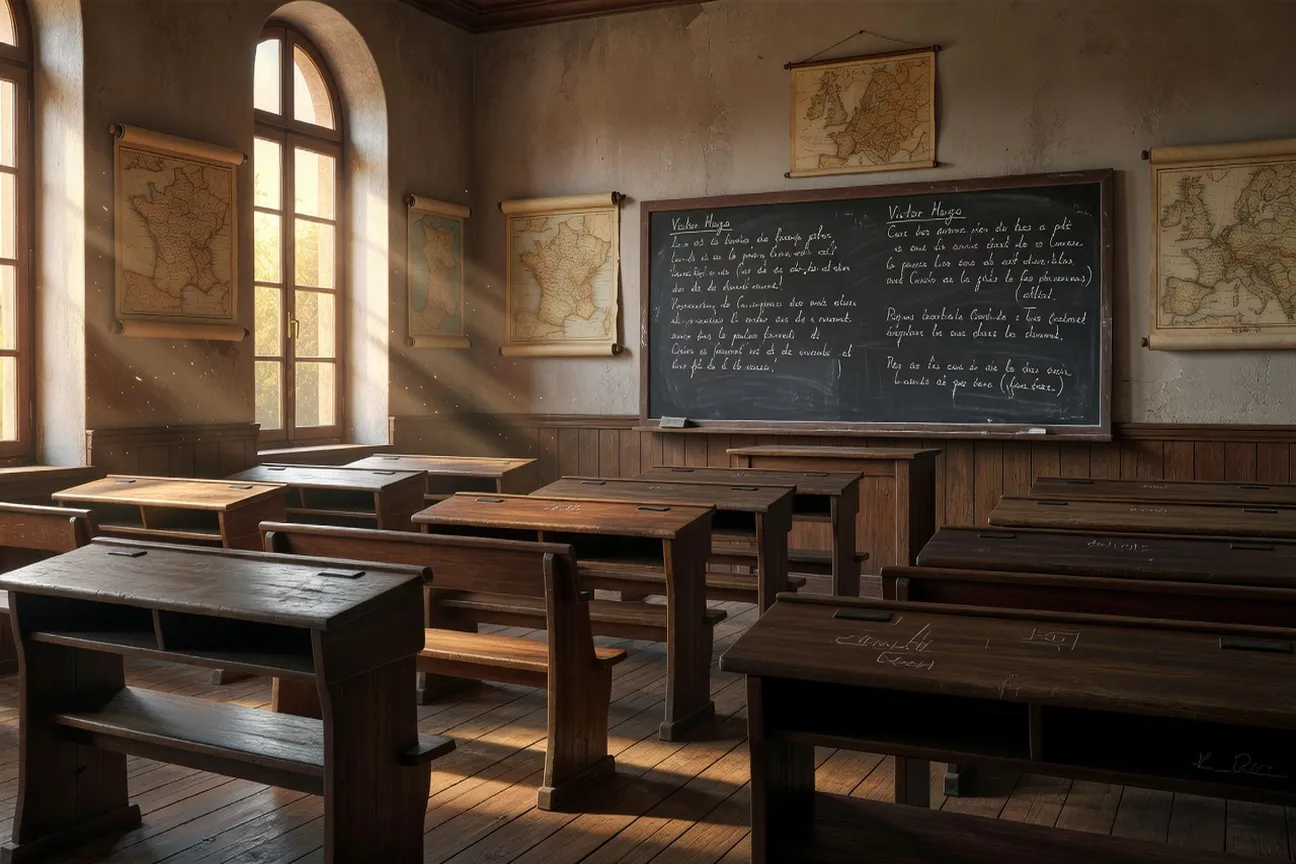 Salle de classe française de la fin du XIXe siècle avec bancs de bois et lumière d’après-midi, ambiance académique littéraire