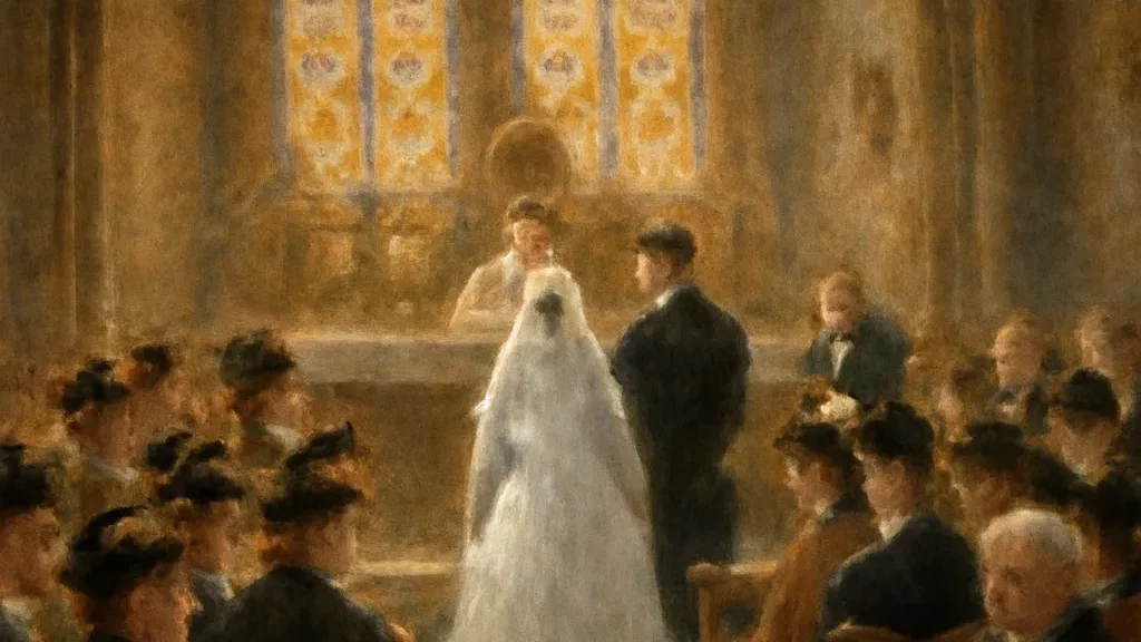 Scène de mariage bourgeois parisien fin XIXe siècle dans une église élégante