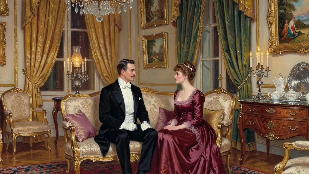 Salon bourgeois cossu des années 1880 avec un couple en tenue de soirée