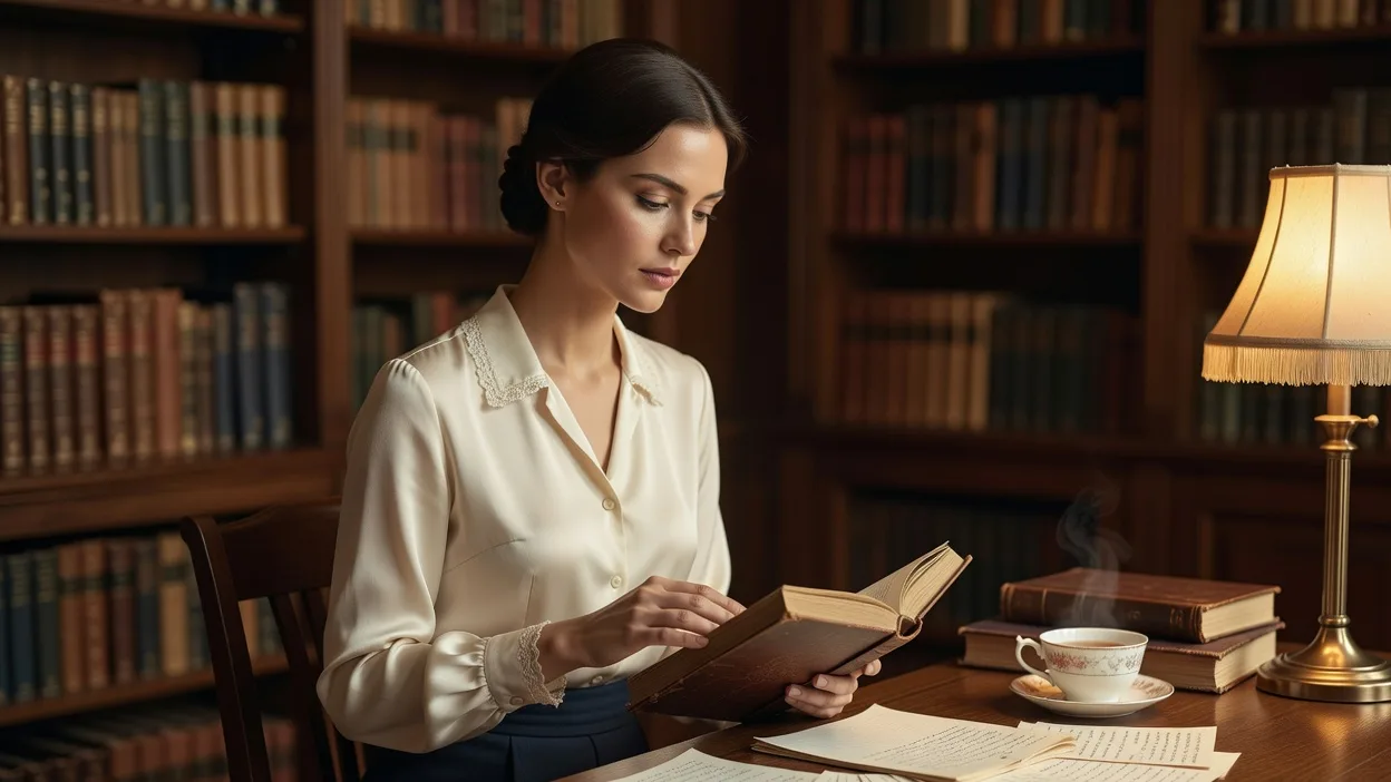 Jeune femme concentrée révisant à son bureau avec des fiches manuscrites et un roman ouvert, évoquant la préparation méthodique du bac de français