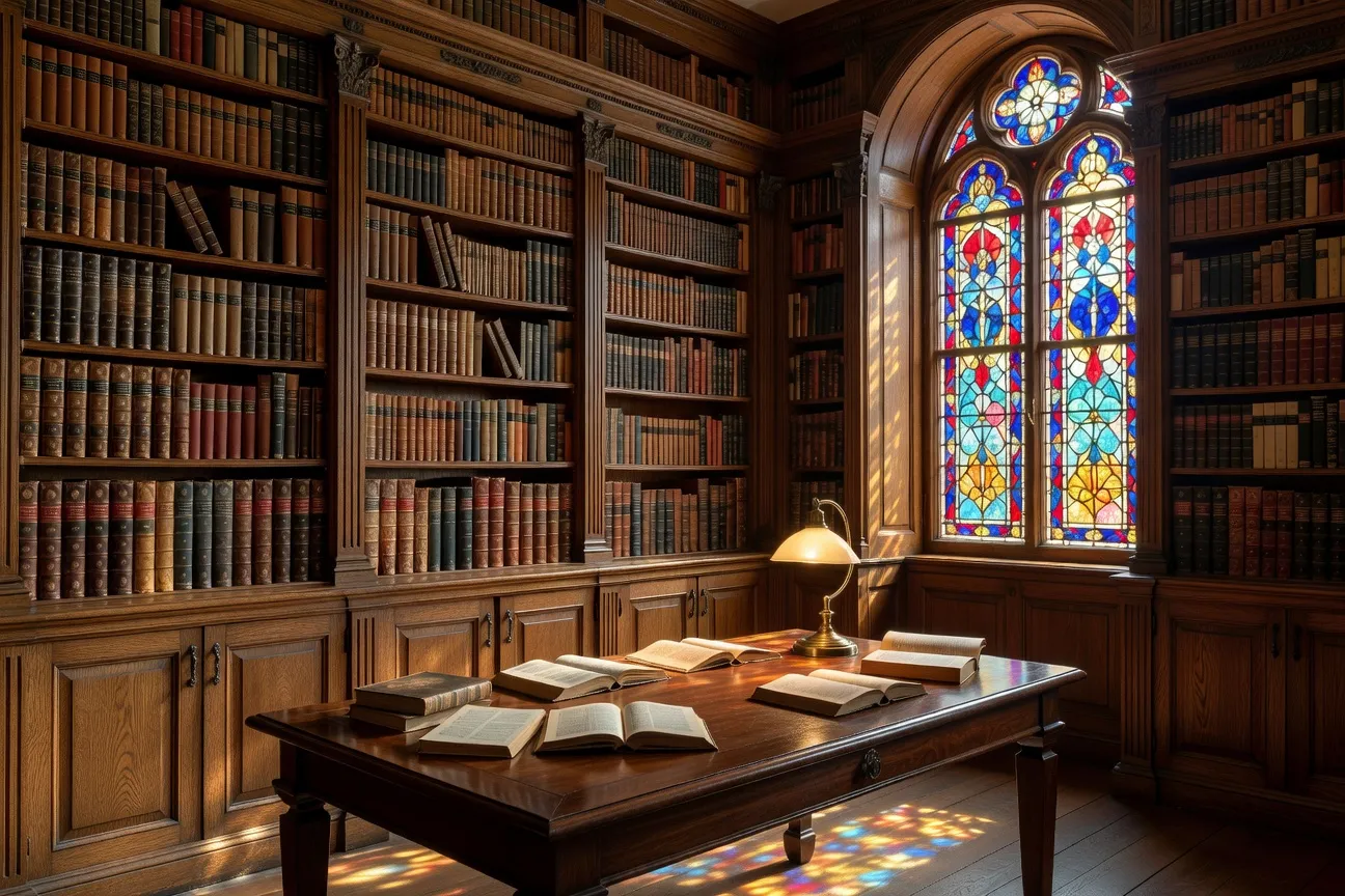 Bibliothèque d'un lycée classique avec œuvres de Flaubert, Zola et Maupassant