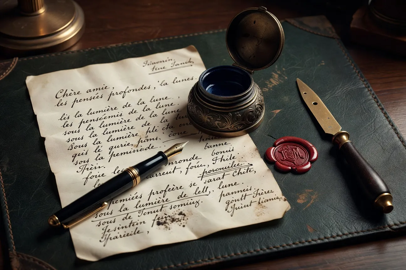 Scene d'écriture avec plume et manuscrit au XIXe siècle