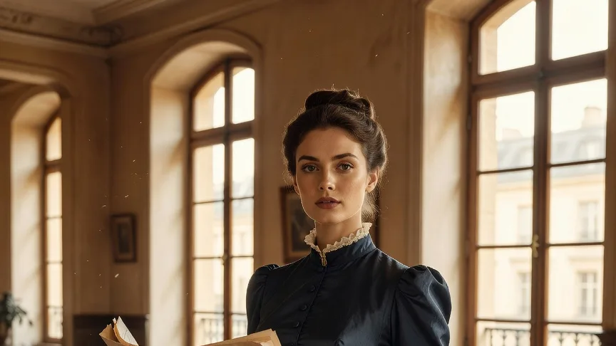 Jeune femme élégante en robe du XIXe siècle consultant un exemplaire du journal La Vie Française dans un salon parisien, évoquant le milieu de presse de Bel-Ami