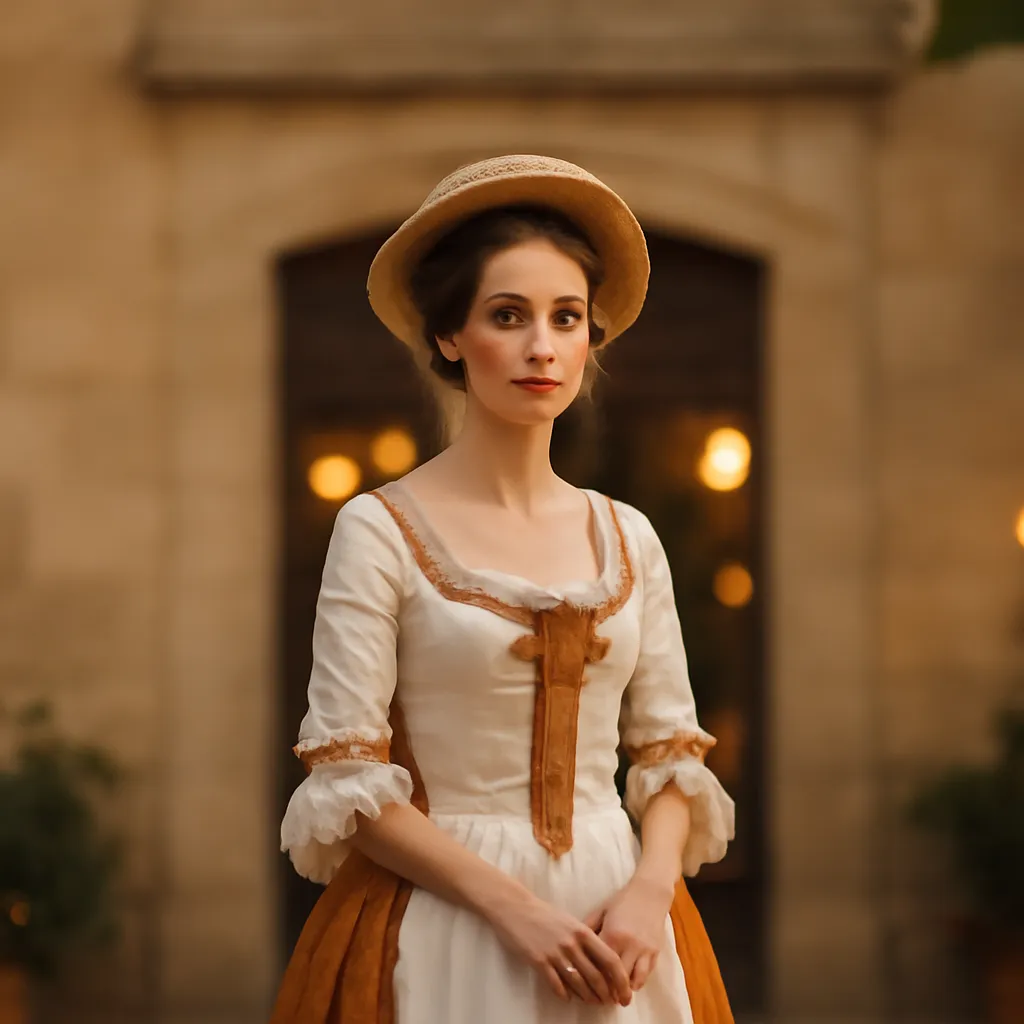 Jeune comédienne en costume d'époque devant l'entrée d'un théâtre du Festival d'Avignon Off