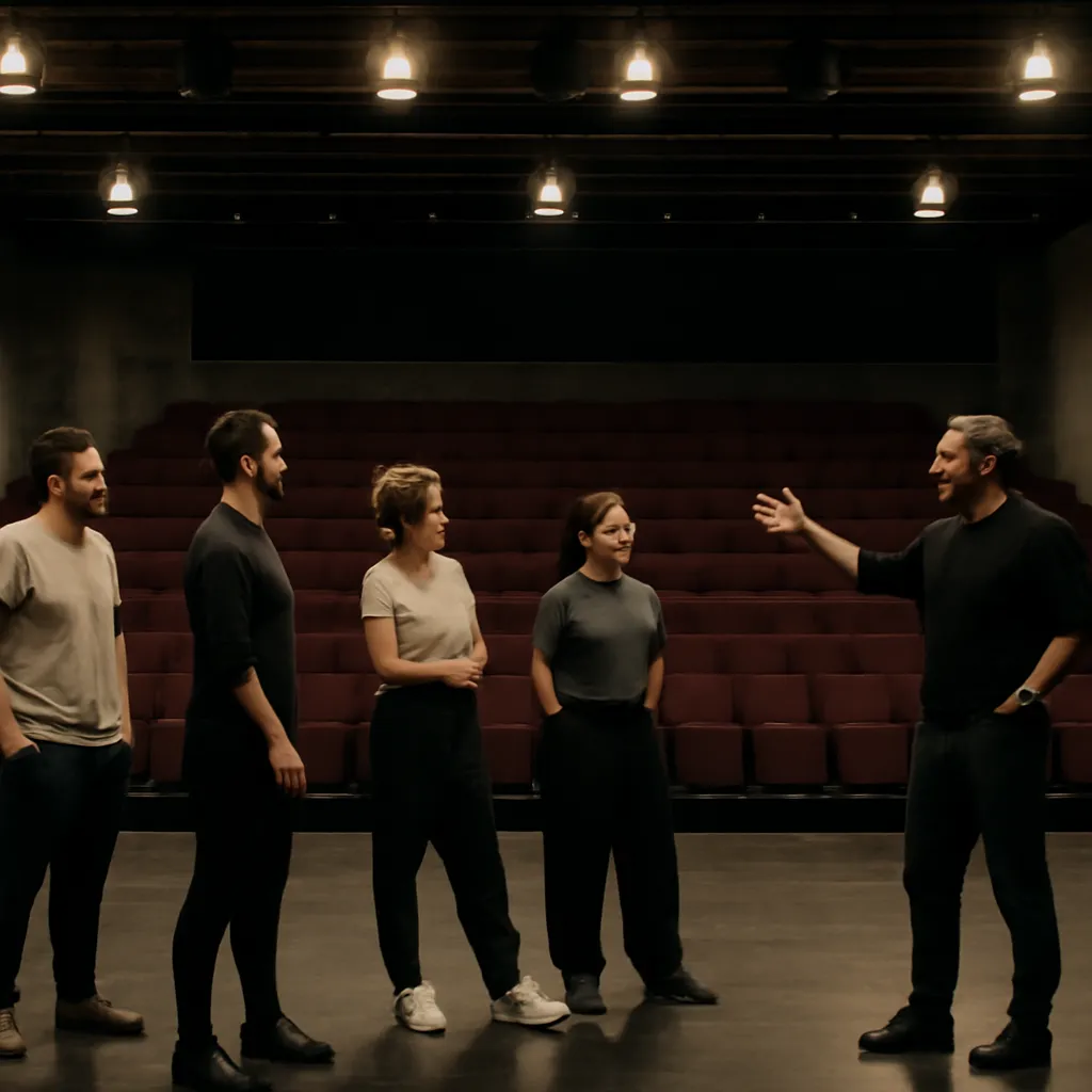 Répétition d'une troupe de théâtre contemporaine pour une adaptation de Bel-Ami, metteur en scène dirigeant les acteurs