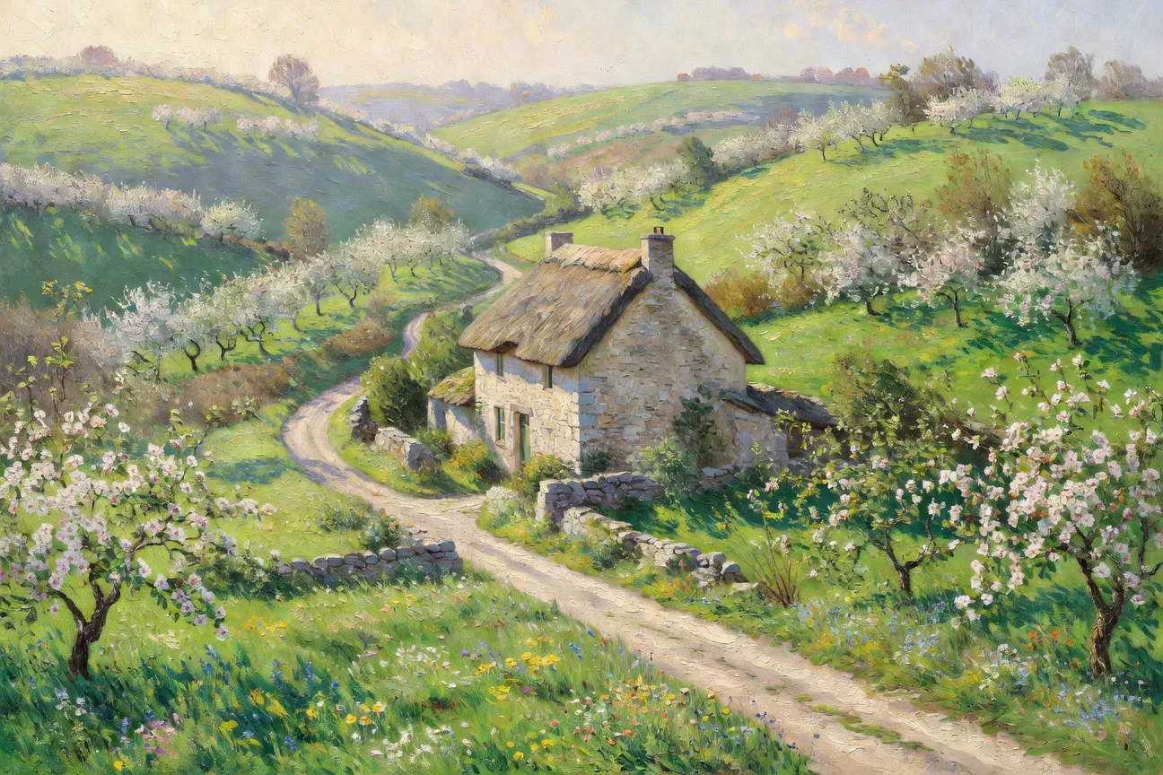 Paysage rural normand avec fermes typiques à l'aube