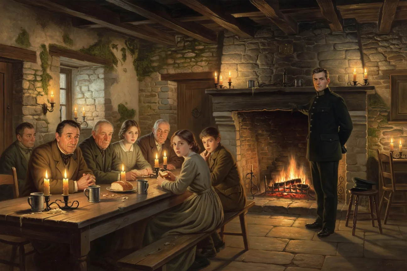 Auberge normande XIXe siècle avec officier prussien et voyageurs civils
