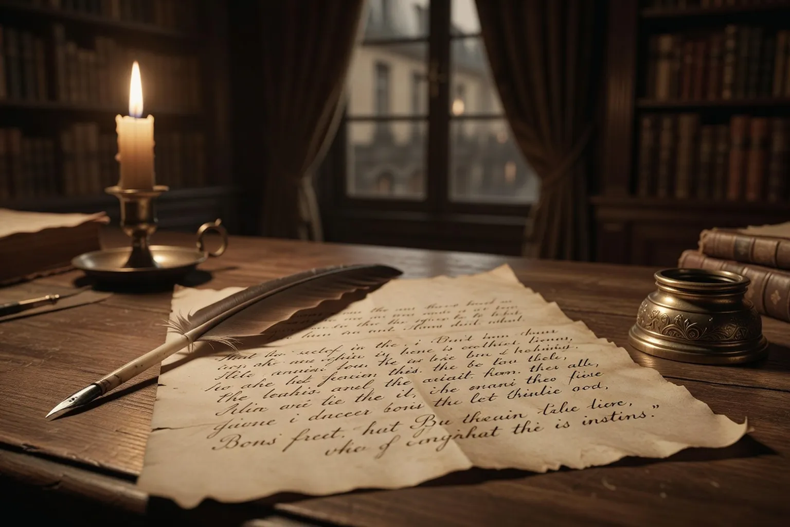 Recueil de citations manuscrites de Bel-Ami sur un bureau d’étude, plume et encrier du XIXe siècle