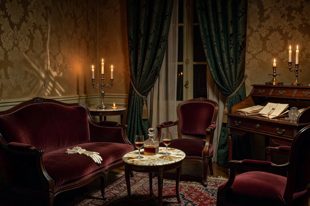Rendez-vous discret dans un appartement parisien du XIXe siecle, evoquant la liaison de Clotilde de Marelle