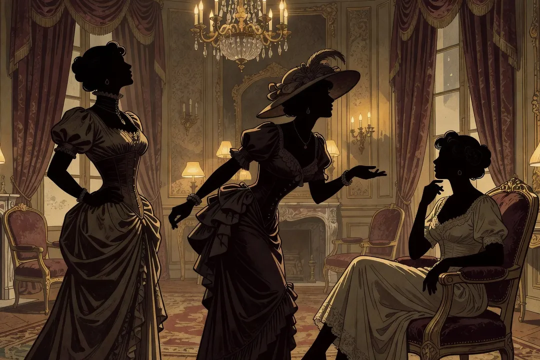 Trois silhouettes feminines distinctes evoquant Clotilde, Madeleine et Suzanne dans le salon parisien de Bel-Ami