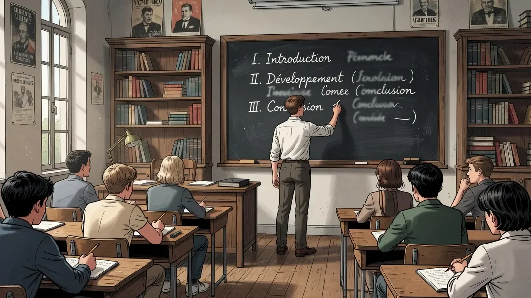 Salle de classe de lycée pendant un cours de littérature avec plan de commentaire composé au tableau