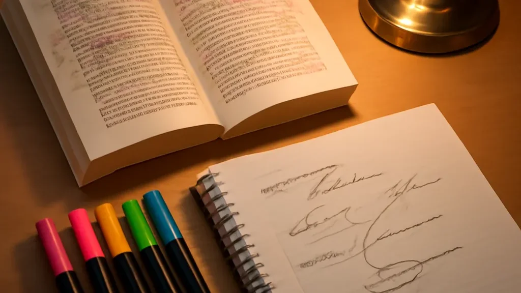 Table d’étude avec exemplaire de Bel-Ami annoté et cahier de brouillon avec plan de commentaire manuscrit