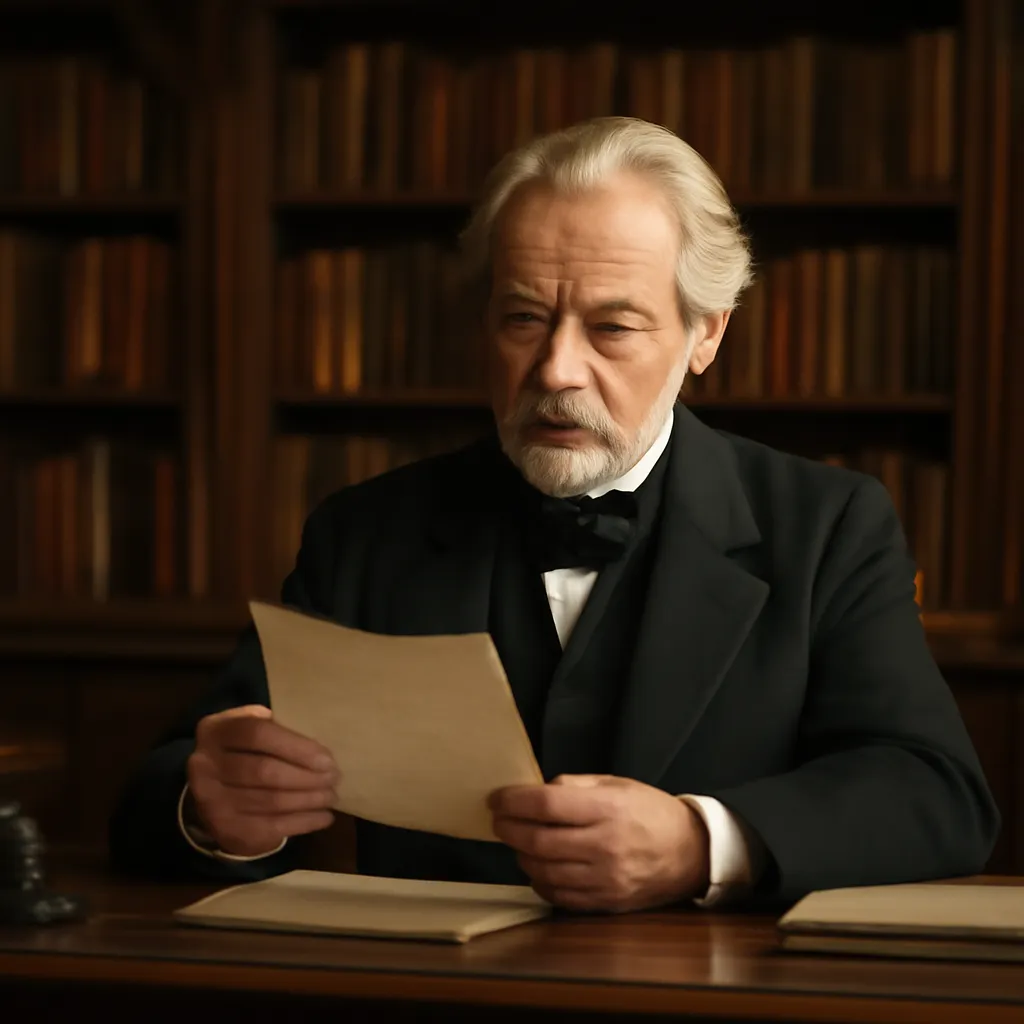 Homme distingué du XIXe siècle lisant une lettre dans une bibliothèque, évoquant Gustave Flaubert lisant une lettre de Maupassant