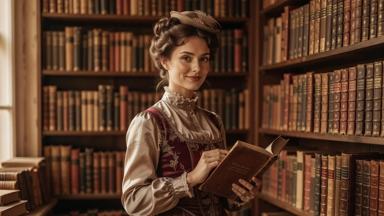 Jeune femme élégante en robe des années 1880 dans une librairie ancienne, tenant délicatement un volume relié en cuir du XIXe siècle, hautes étagères de livres anciens en arrière-plan