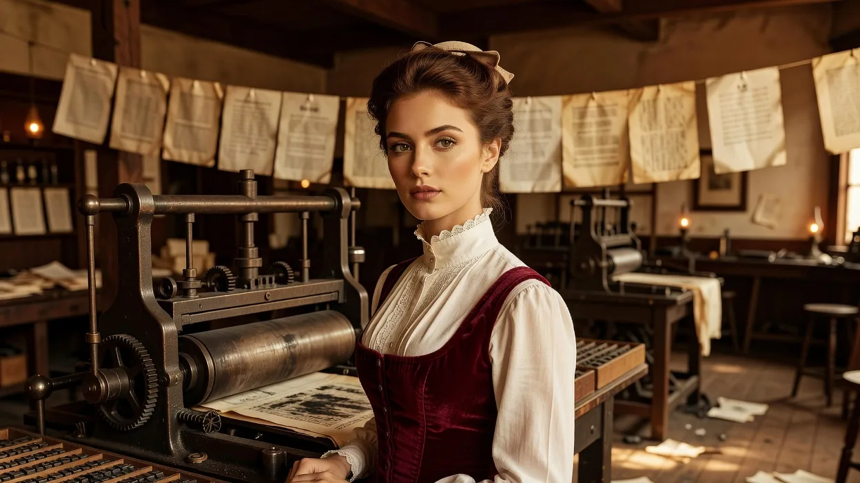 Jeune femme en tenue raffinée des années 1880 dans un atelier d'imprimerie du XIXe siècle, presse typographique en fonte et casses de caractères mobiles, feuilles fraîchement imprimées
