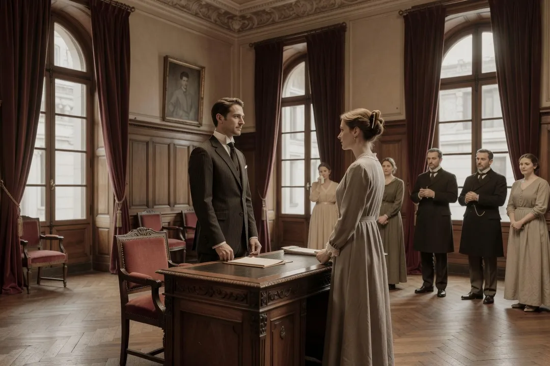 Cérémonie de mariage discrète dans une mairie parisienne du XIXe siècle, évoquant le remariage de Madeleine Forestier avec Georges Duroy dans Bel-Ami