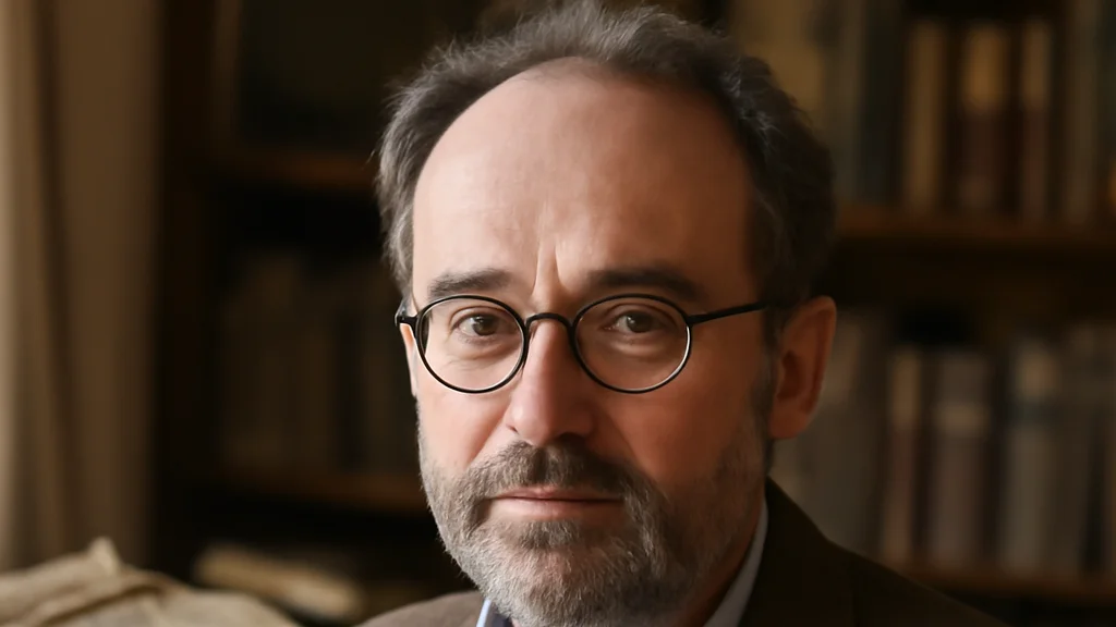 Portrait éditorial de l’historien Thomas Ferrandi dans une bibliothèque universitaire avec archives de presse ancienne