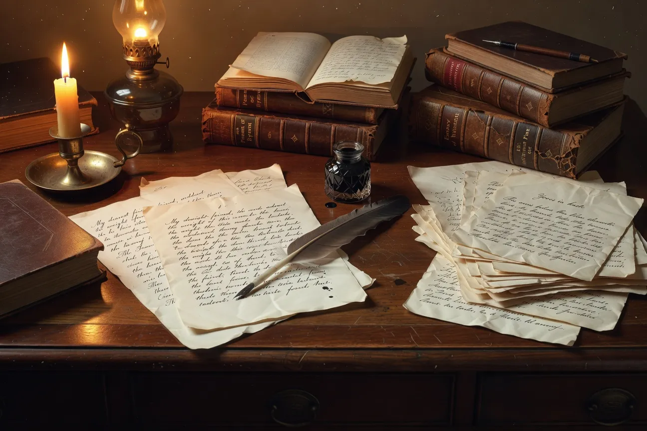 Bureau d'écrivain XIXe siècle avec manuscrits et plume, ambiance de la décennie 1870-1880