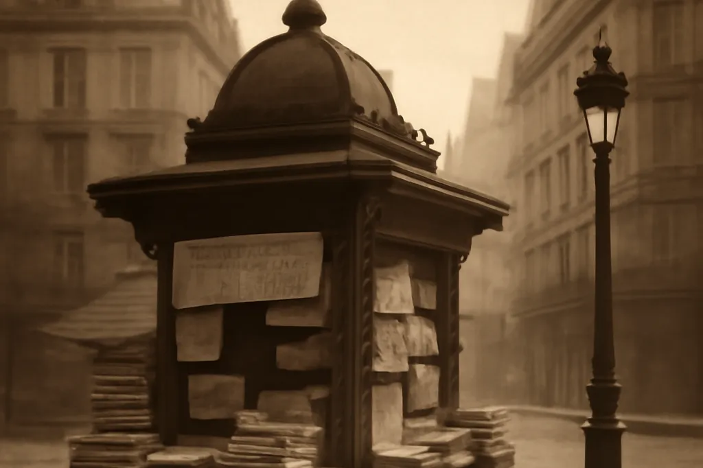 Kiosque à journaux parisien du XIXe siècle avec un exemplaire du journal Gil Blas, évoquant la parution en feuilleton de Bel-Ami en 1885