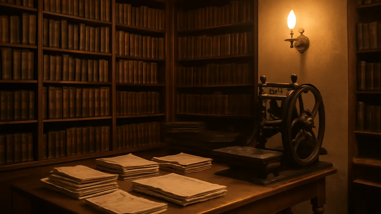 Atelier d'imprimerie du XIXe siècle avec presse typographique, feuilles imprimées et rayonnages de volumes reliés, évoquant la publication des œuvres de Maupassant dans la presse