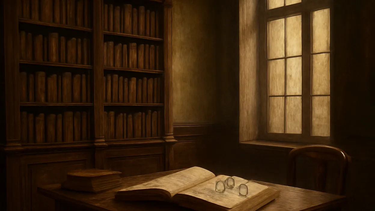 Coin de bibliothèque provinciale du XIXe siècle, livres anciens ouverts et lunettes rondes posées sur une table de lecture près d'une haute fenêtre