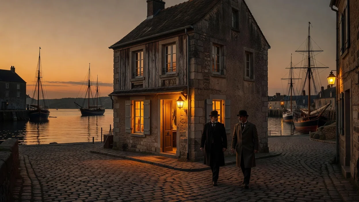 Rue d'un petit port normand du XIXe siècle au crépuscule, maison de ville s'apprêtant à rouvrir ses portes, lumières chaudes aux fenêtres et mâts de navires dans le bassin du port