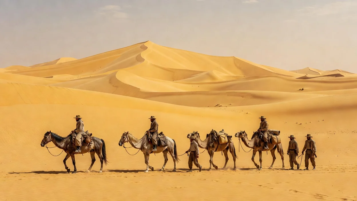 Caravane de voyageurs du XIXe siècle gravissant de hautes dunes de sable au soleil brûlant, désert du Sahara avec ombres profondes et atmosphère d'attente inquiète