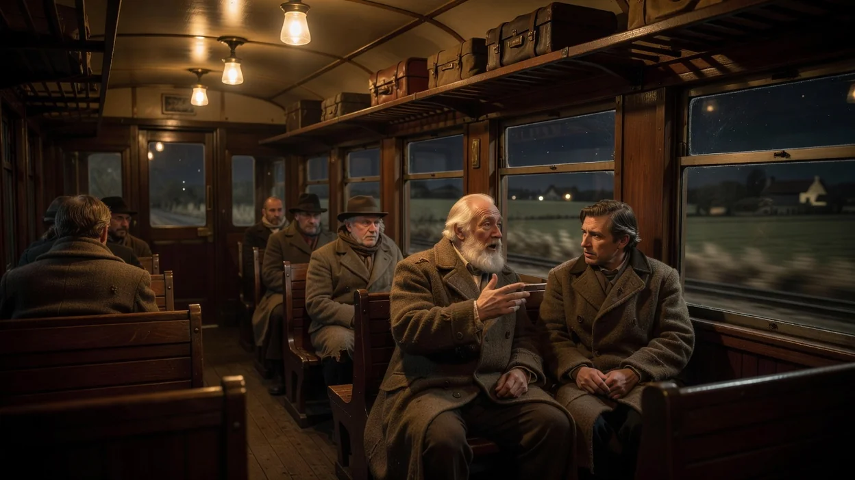 Wagon de chemin de fer du XIXe siècle la nuit, voyageurs éclairés par une lumière tamisée, paysage sombre défilant derrière les fenêtres, atmosphère de conversation nocturne
