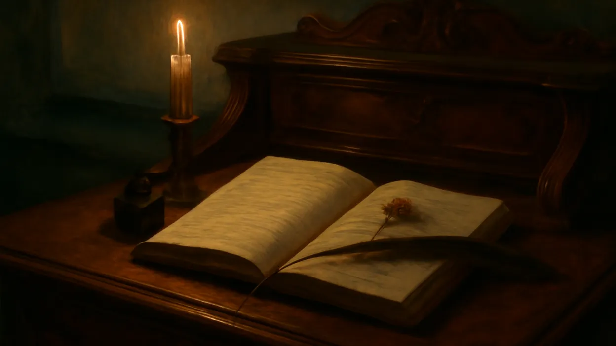 Journal intime ouvert à la lueur d'une bougie, plume, encrier et fleur pressée entre les pages, évoquant le dispositif narratif du Horla
