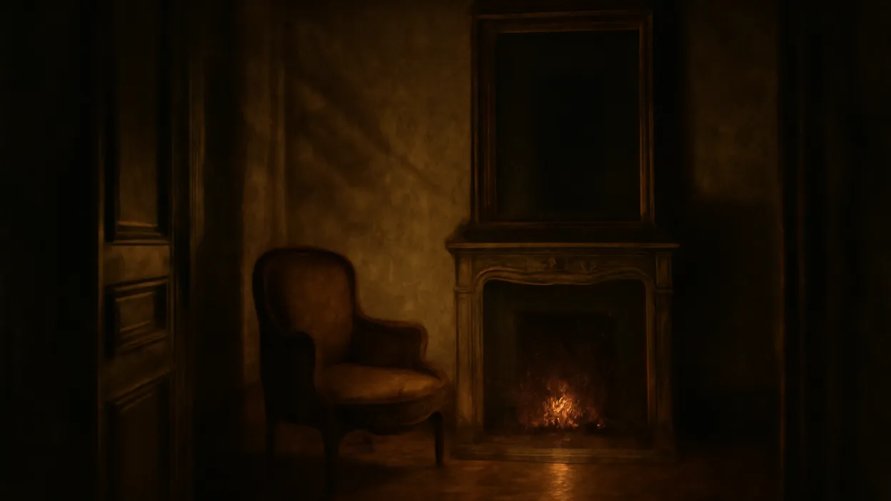 Salon bourgeois du XIXe siècle la nuit, fauteuil vide devant une cheminée qui s'éteint et grand miroir sombre, évoquant l'isolement du narrateur du Horla