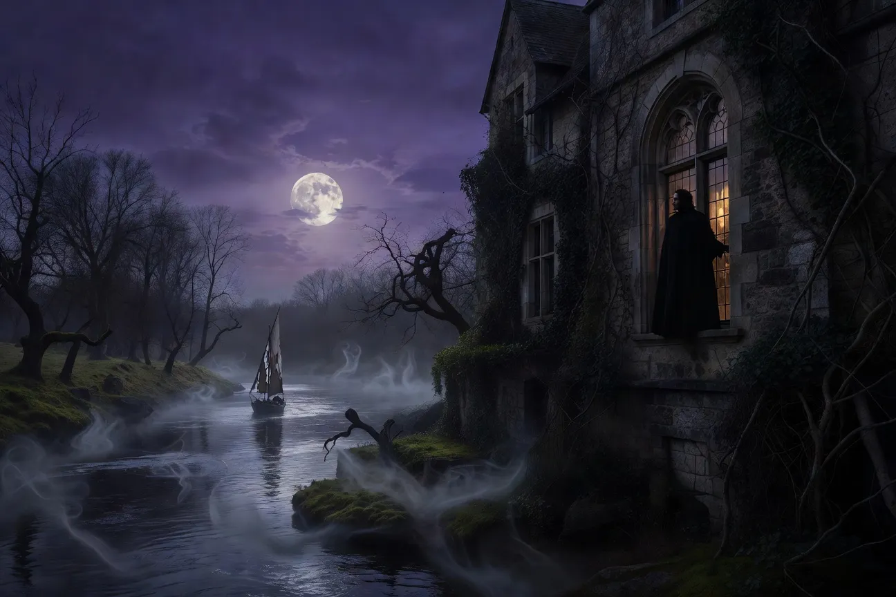Scene fantastique d'un manoir normand au bord de la Seine sous la pleine lune