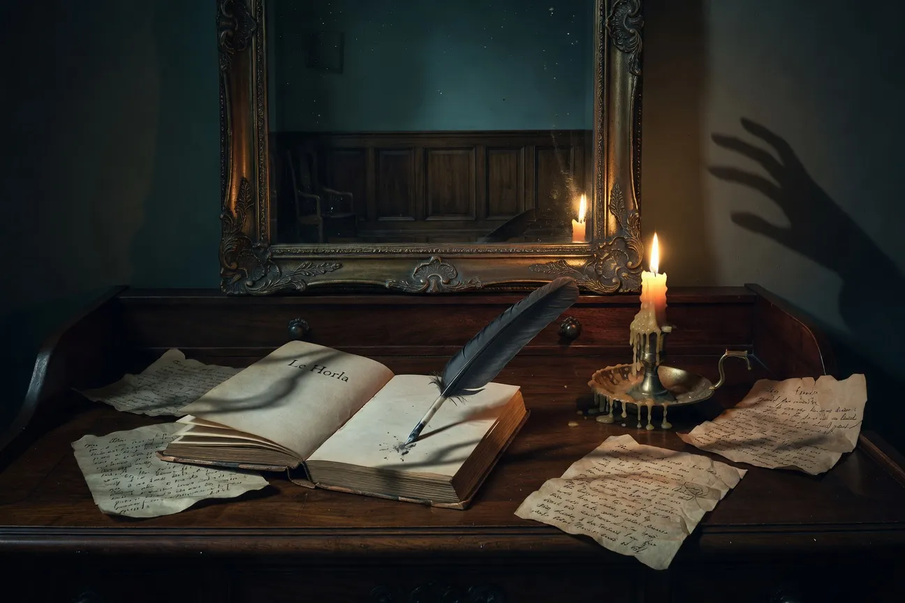 Composition still life avec le recueil du Horla ouvert et une plume à la lumière d'une chandelle
