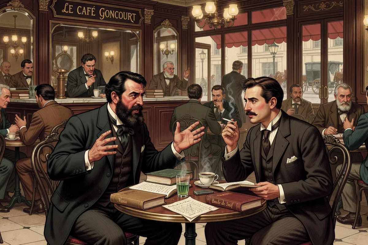 Émile Zola et Guy de Maupassant dans un café littéraire parisien des années 1880, illustration style Belle Époque, discussion animée
