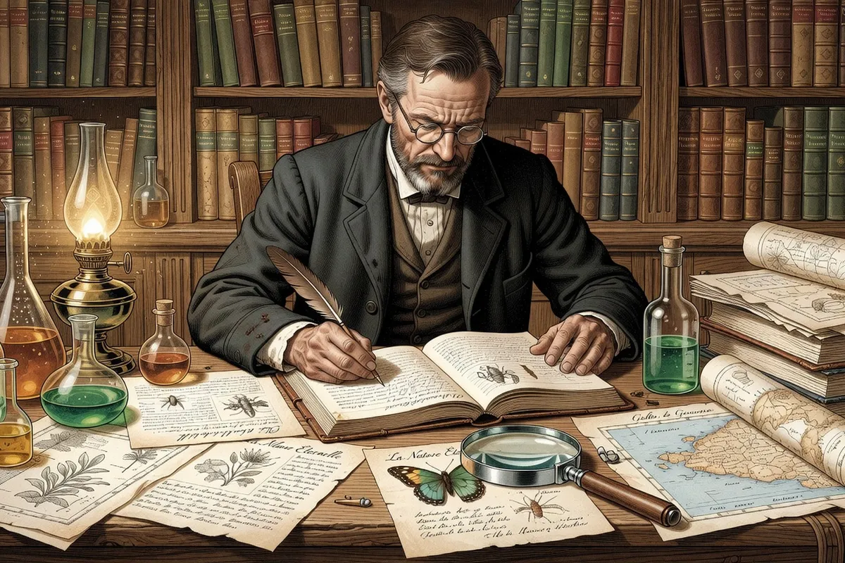 Un écrivain du XIXe siècle à son bureau avec des notes de laboratoire et des manuscrits, symbolisant le naturalisme comme méthode scientifique, illustration détaillée