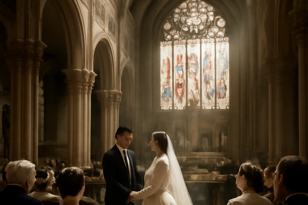 Cérémonie de mariage bourgeois dans une église parisienne du XIXe siècle