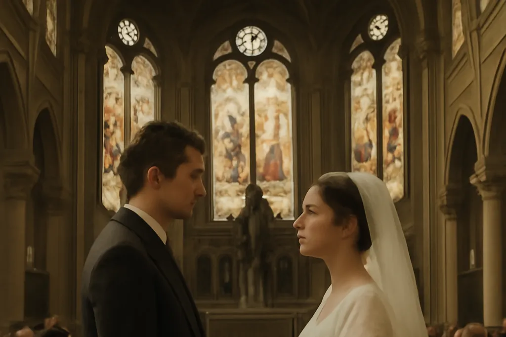 Cérémonie de mariage en grande pompe dans une église parisienne du XIXe siècle, évoquant le mariage de Suzanne Walter et Georges Duroy dans Bel-Ami