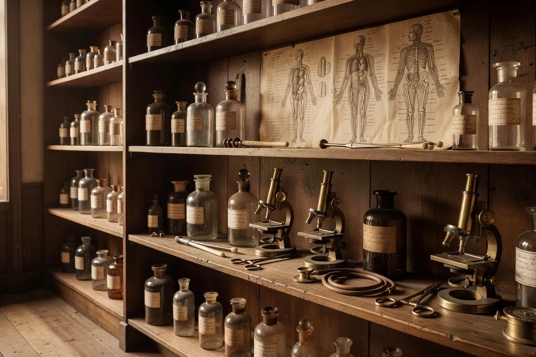 Cabinet medical parisien du XIXe siecle avec instruments et flacons d'epoque