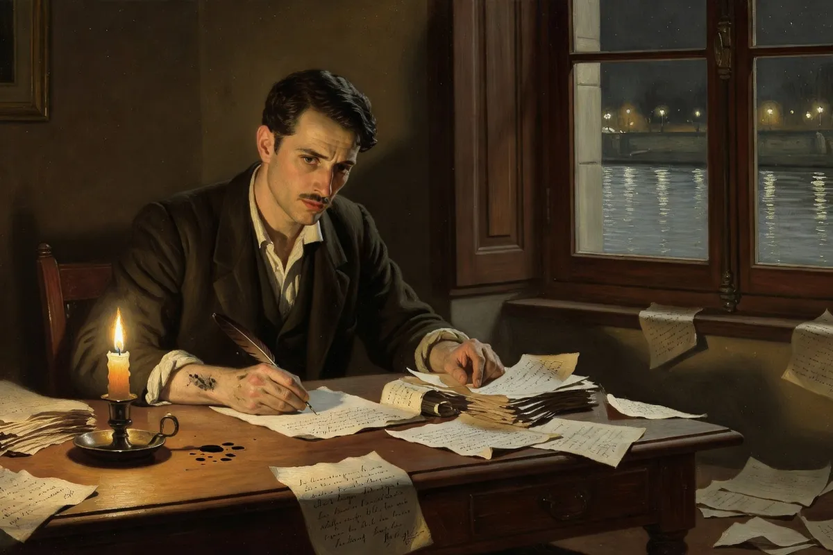 Guy de Maupassant écrivant à son bureau à la lumière d’une bougie, la nuit, fenêtre donnant sur la Seine, atmosphère mélancolique, illustration style peinture à l’huile