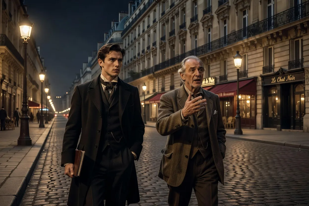 Georges Duroy et Norbert de Varenne marchant de nuit sur un boulevard parisien, scène de la tirade sur la mort dans Bel-Ami