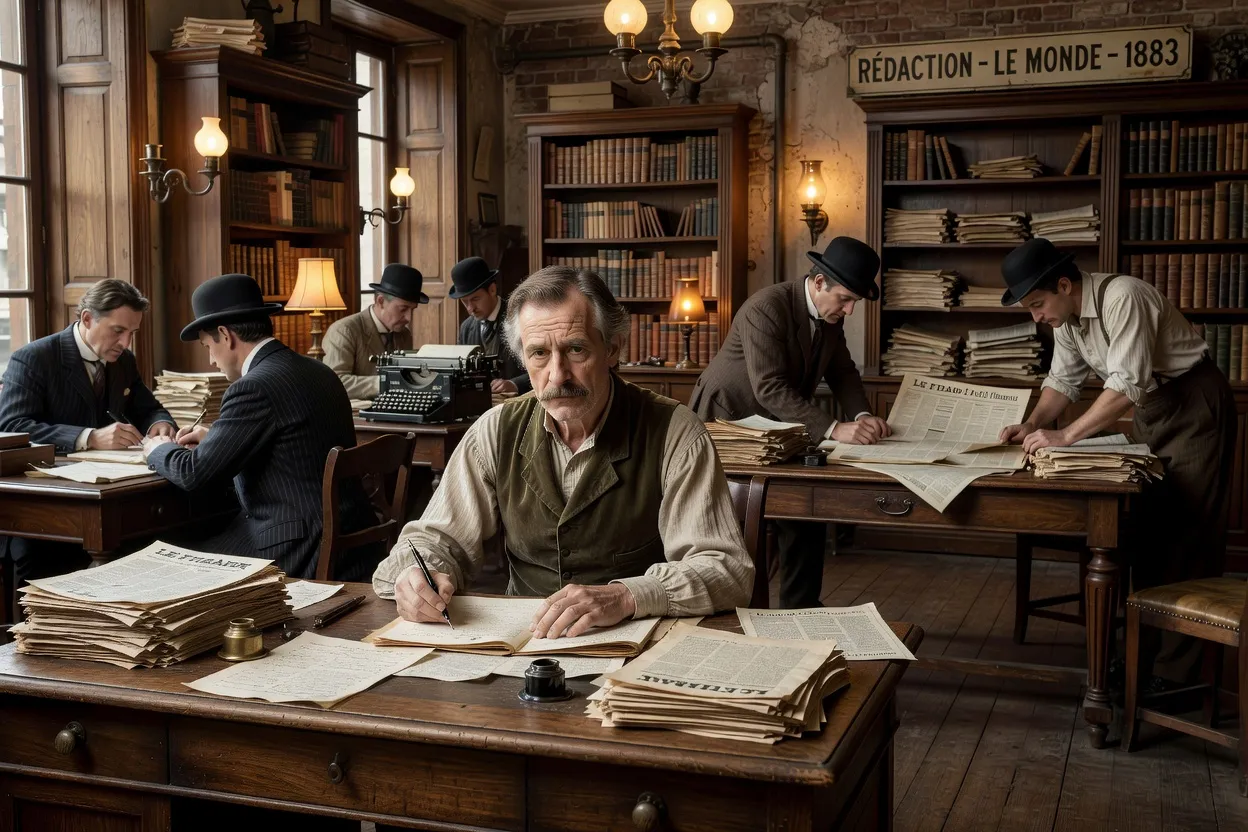 Norbert de Varenne dans la rédaction du journal La Vie française, entouré de collègues journalistes, scène de Bel-Ami