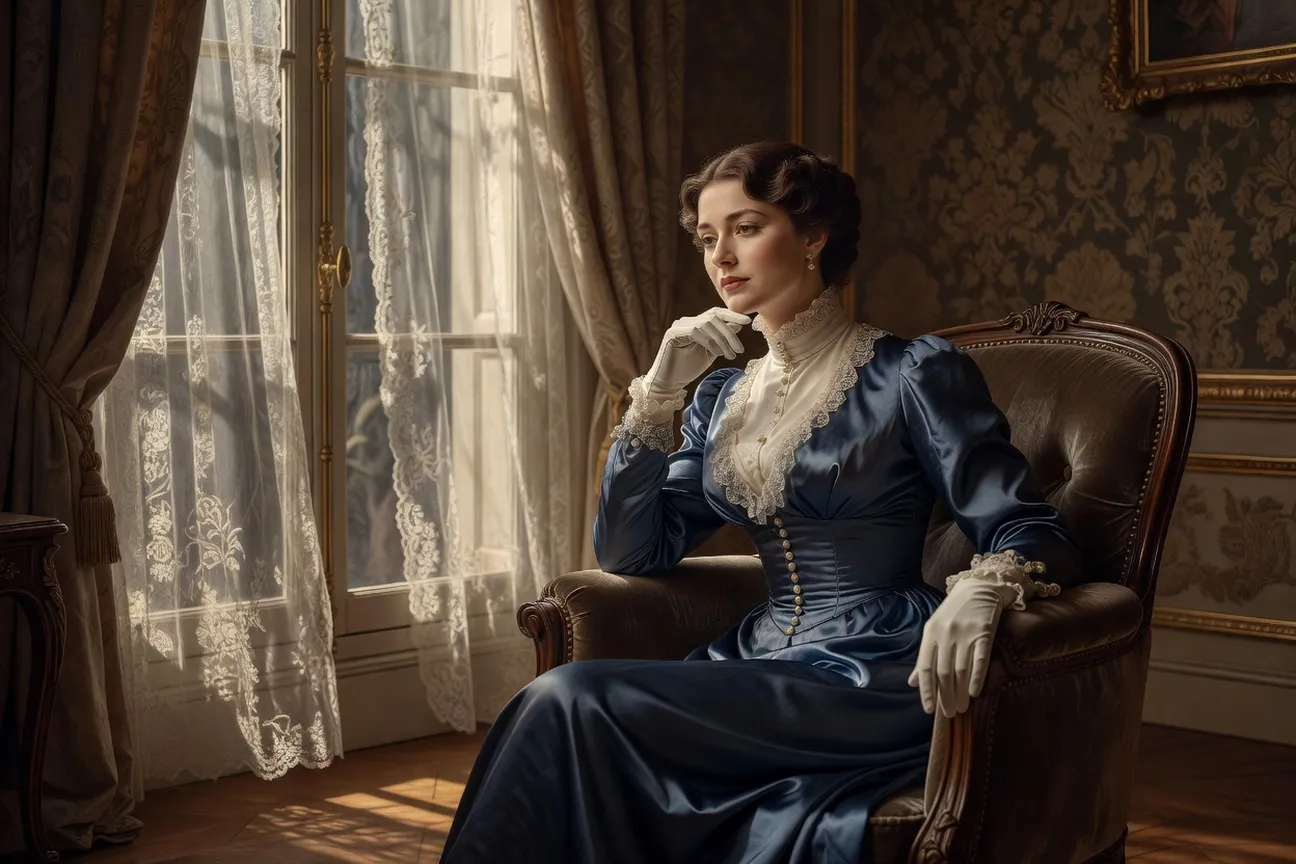 Femme parisienne élégante du XIXe siècle assise pensivement près d’une fenêtre aux rideaux de dentelle, atmosphère introspective Belle Époque
