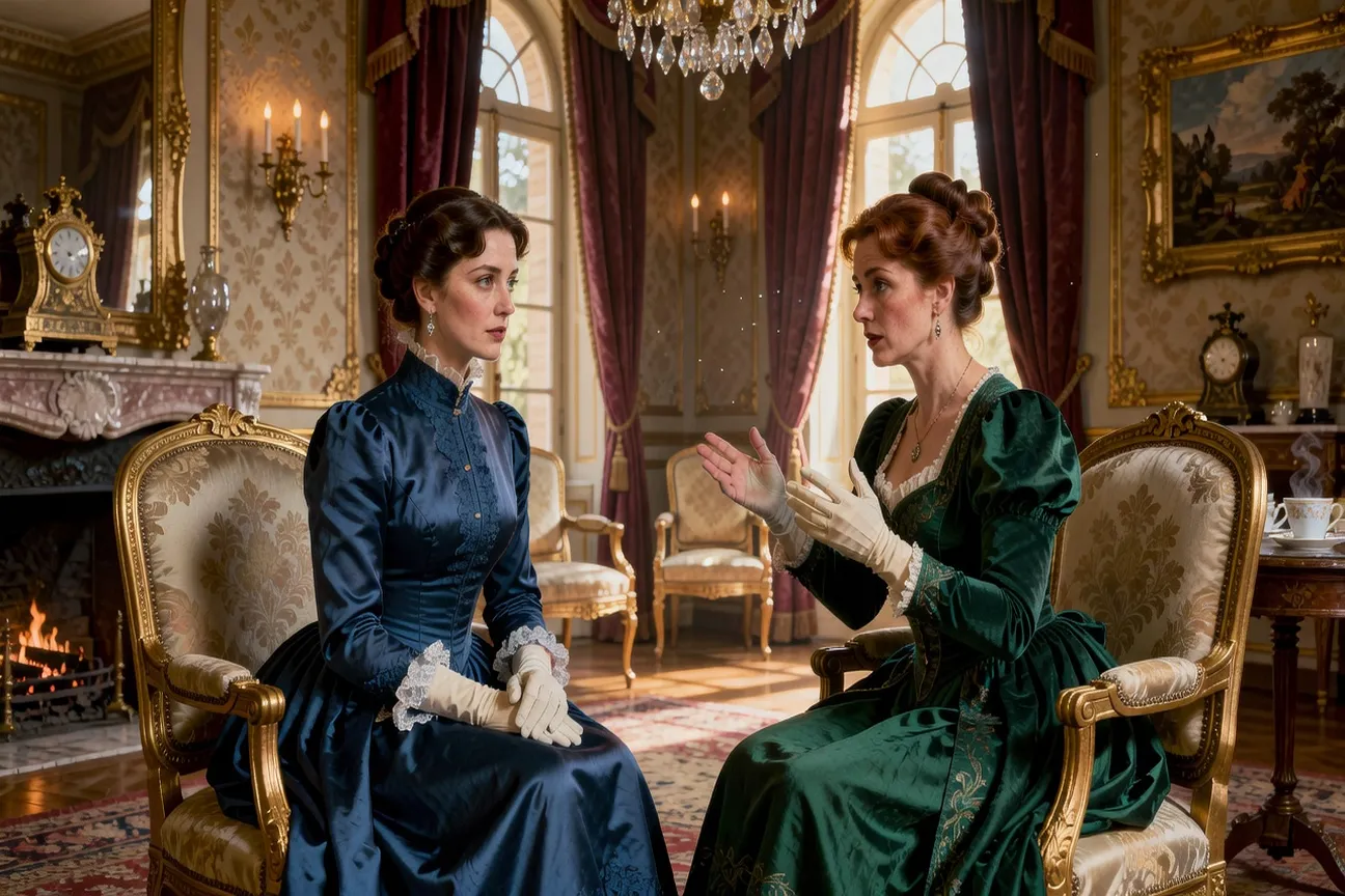 Deux femmes françaises élégantes du XIXe siècle conversant dans un salon bourgeois raffiné, tension subtile, ambiance Belle Époque