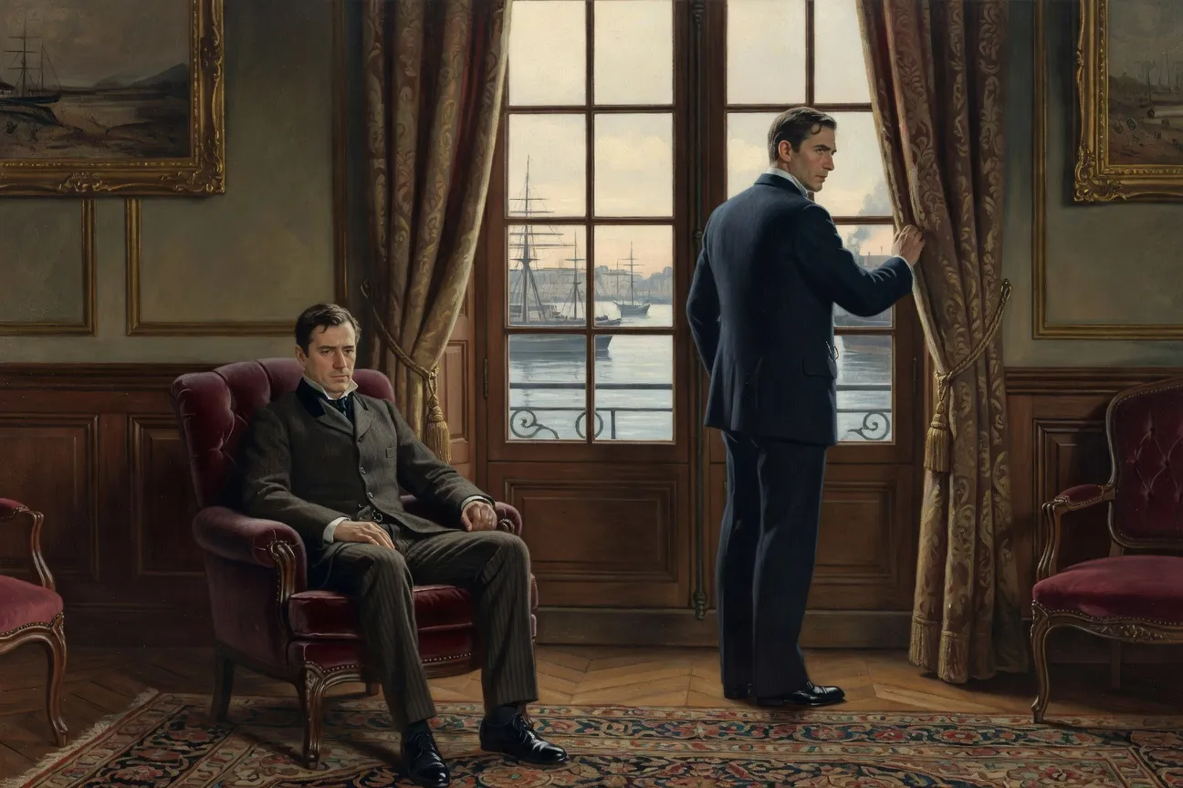 Deux frères dans un salon bourgeois XIXe siècle, atmosphère tendue, paysage marin par la fenêtre