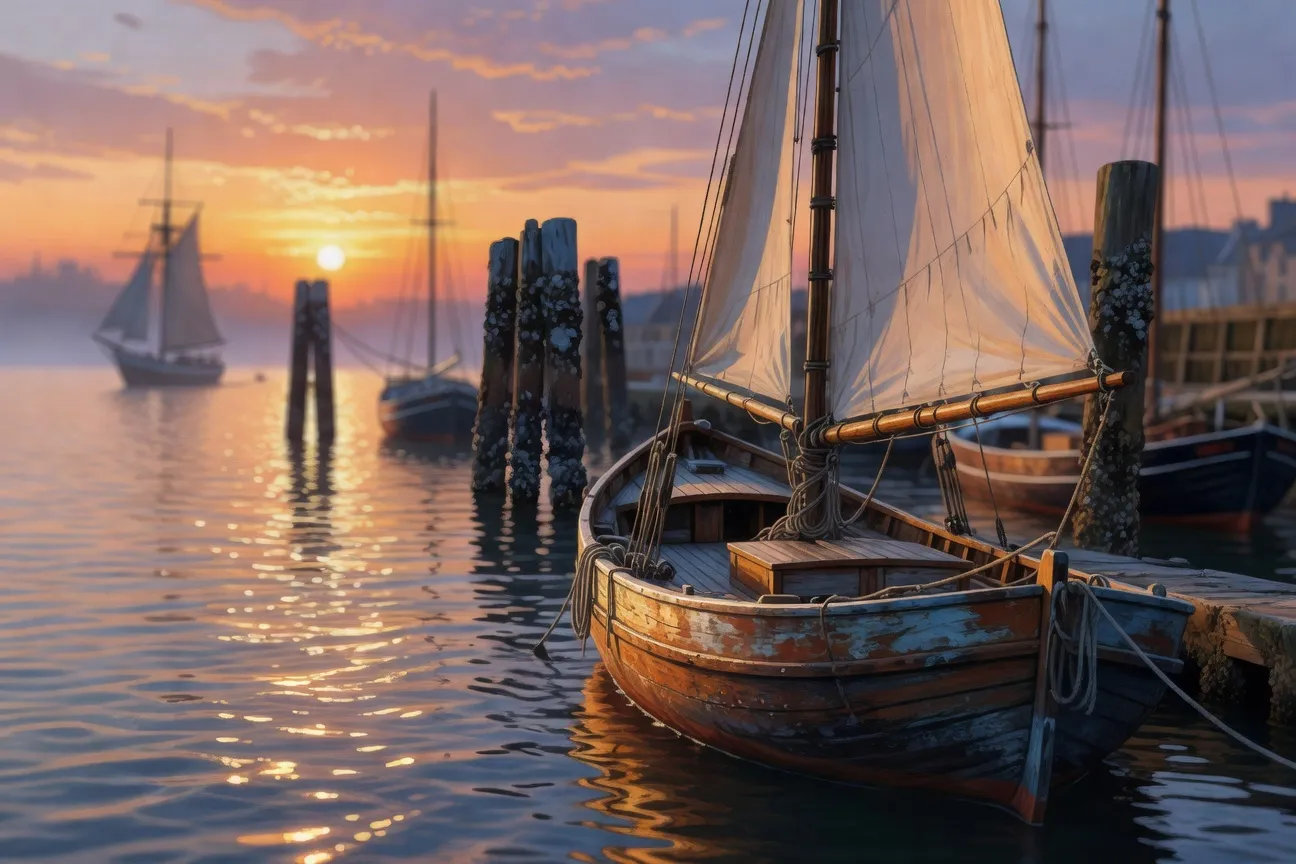 Voilier de pêche dans le port du Havre au coucher du soleil, XIXe siècle