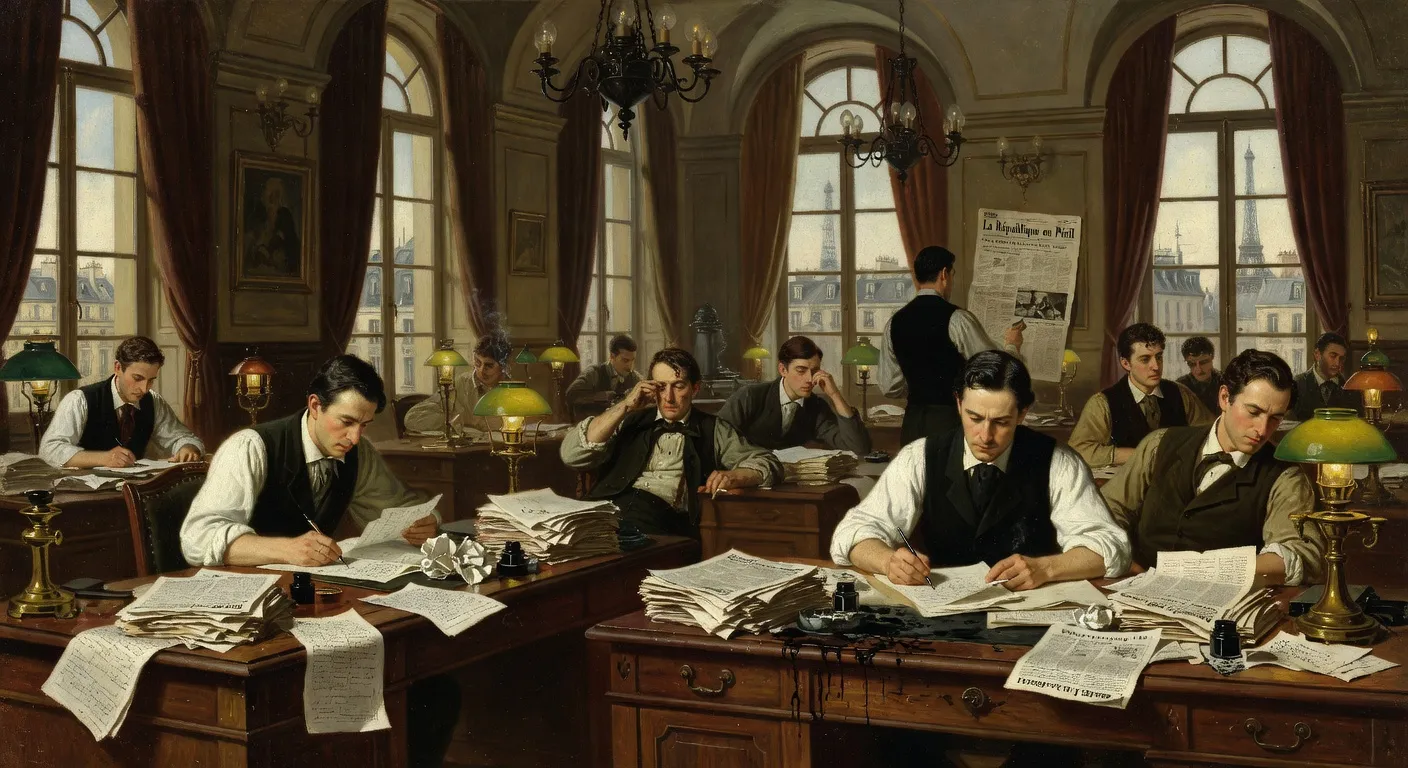 Une salle de redaction de journal parisien au XIXe siecle